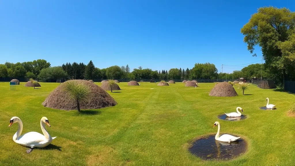 A wide shot of the MallardBall paintball field in Mexico, showing the grassland, bunkers, and waterfowl.