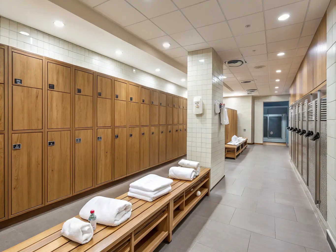 A clean and well-maintained changing area with benches and lockers, located near the entrance of the paintball field at MallardBall.